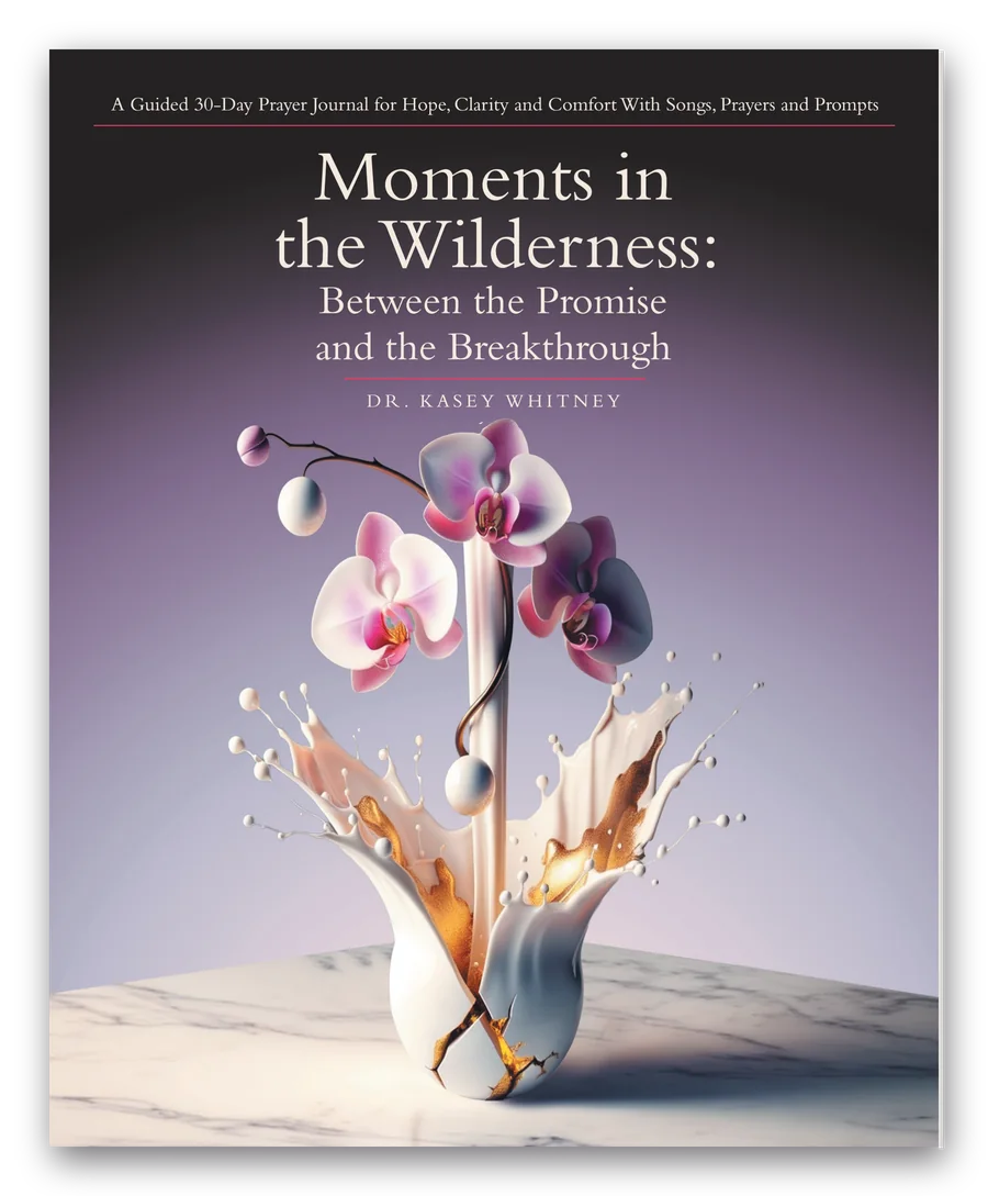 The cover of Moments in the Wilderness: white and pink orchids rising from a white vessel mended with gold, on marble, under a plum sky.